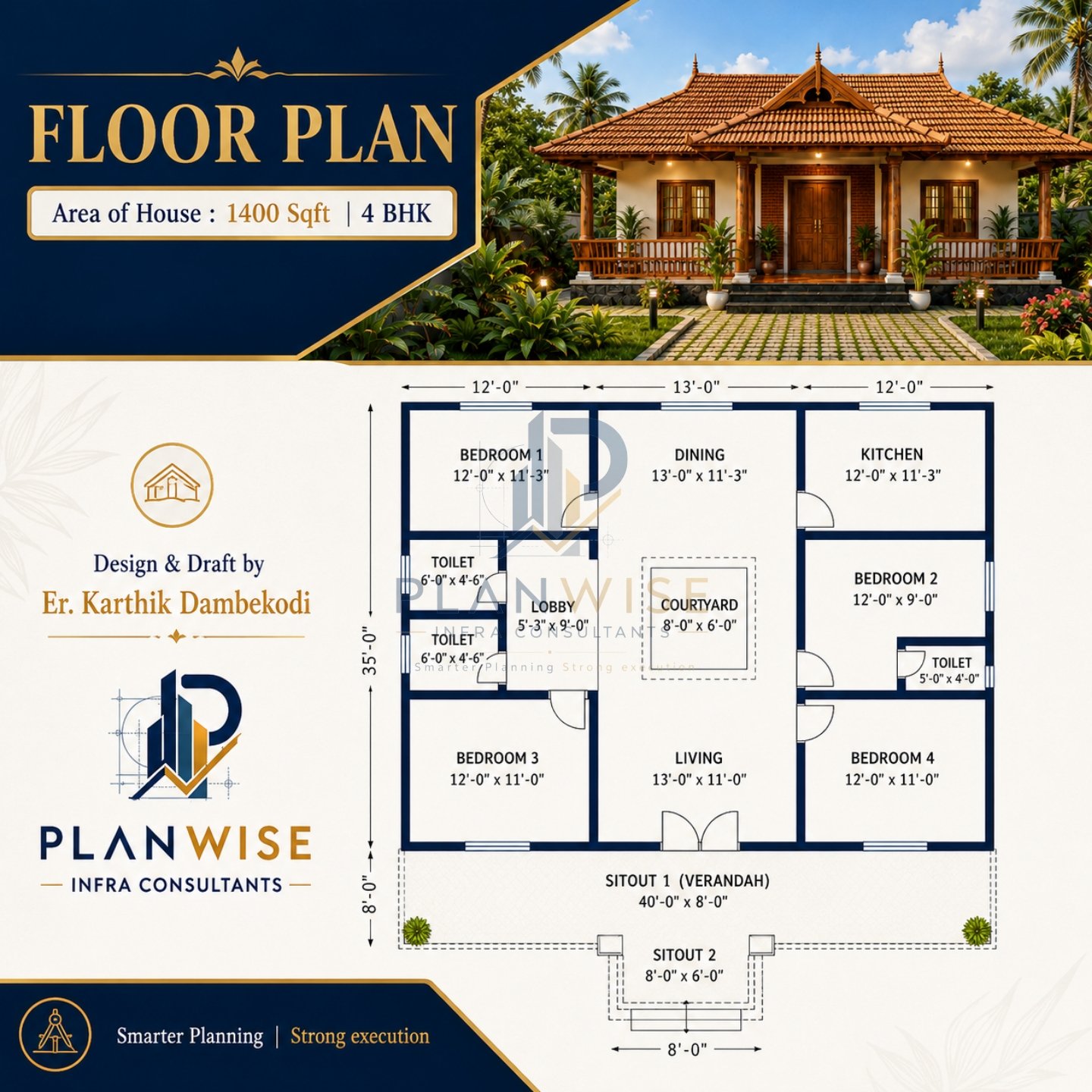1400 sqft 4 BHK floor plan by PlanWise Infra Consultants