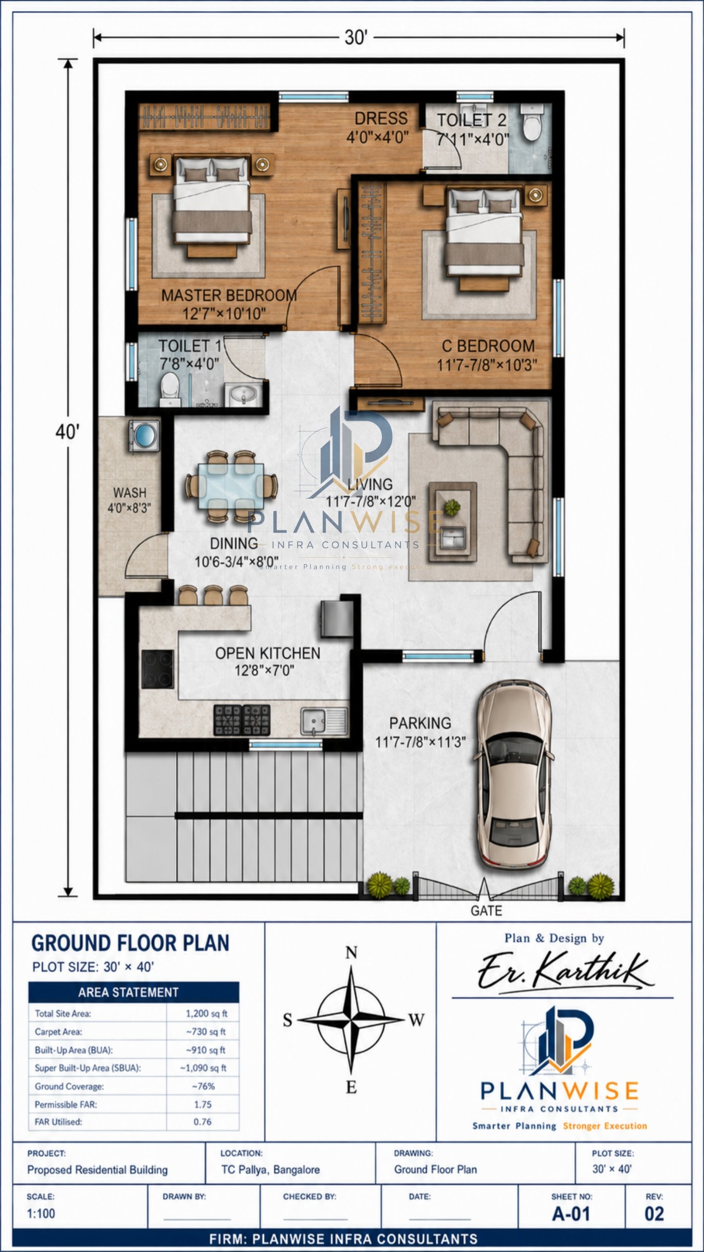 30x40 ground floor plan, Bangalore, by PlanWise Infra Consultants